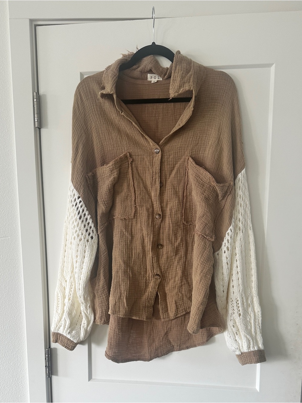 POL Brown Button-Front Shirt with Cream Crochet Sleeves